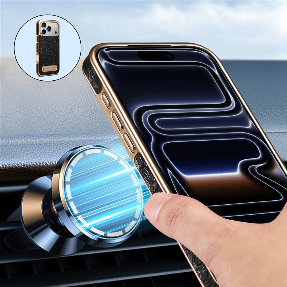 DENIOR A25 For iPhone 17 Pro Case Compatible with MagSafe Kickstand Electroplating Genuine Cow Leather Back Phone Cover