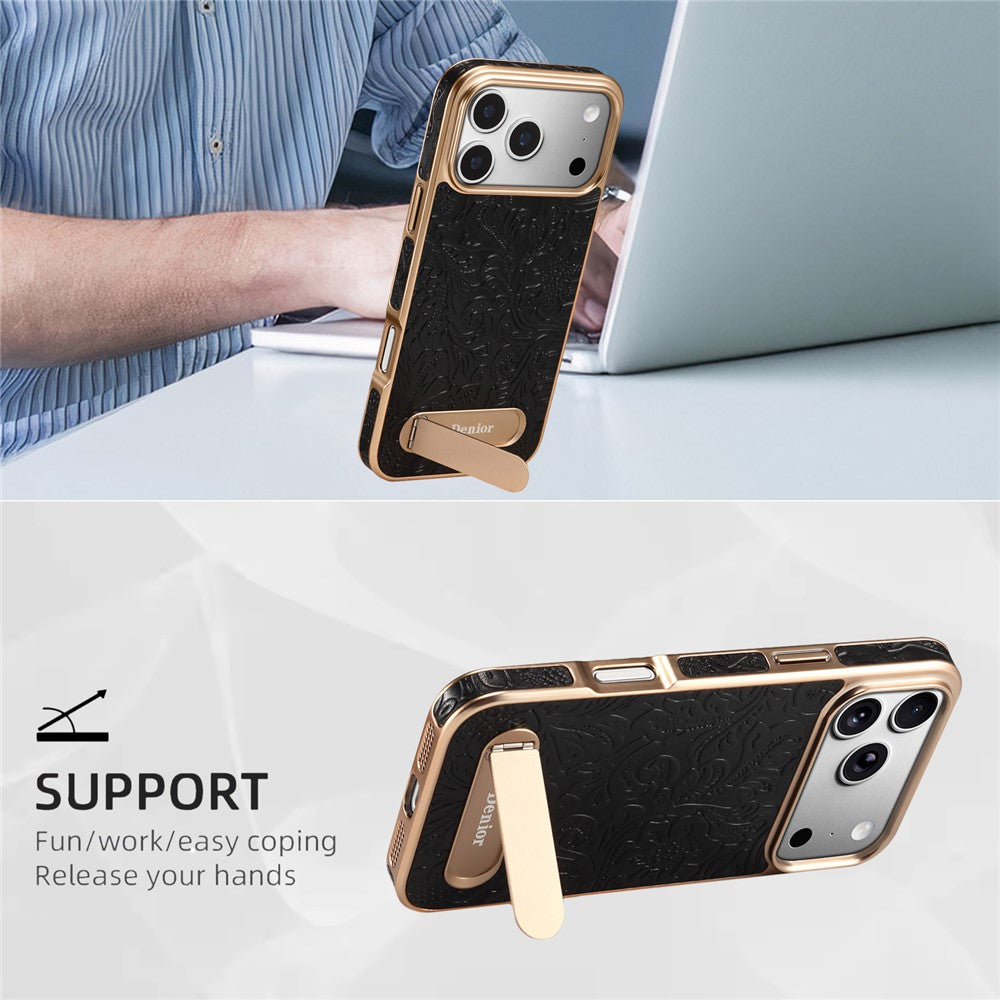 DENIOR A25 For iPhone 17 Pro Case Compatible with MagSafe Kickstand Electroplating Genuine Cow Leather Back Phone Cover