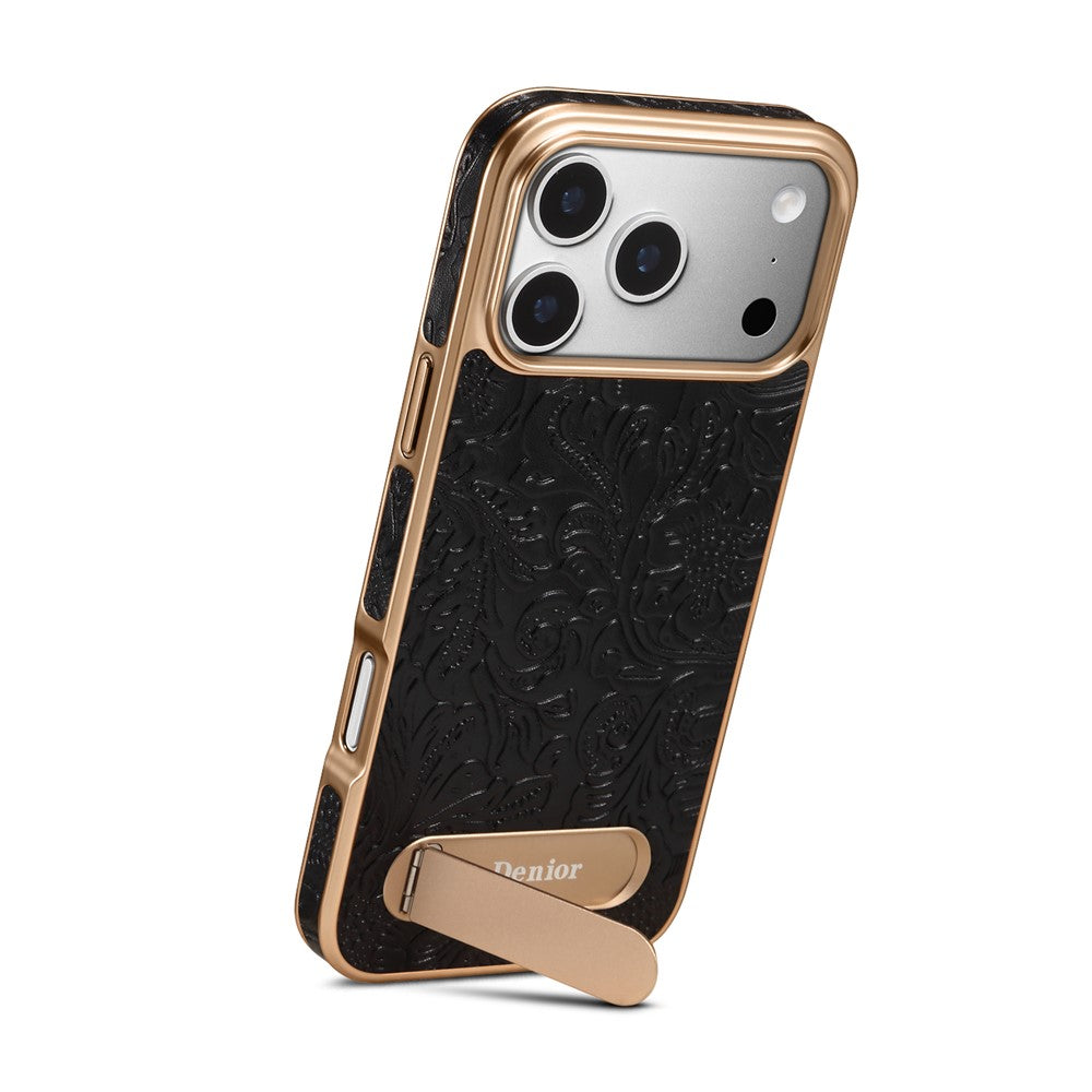 DENIOR A25 For iPhone 17 Pro Case Compatible with MagSafe Kickstand Electroplating Genuine Cow Leather Back Phone Cover