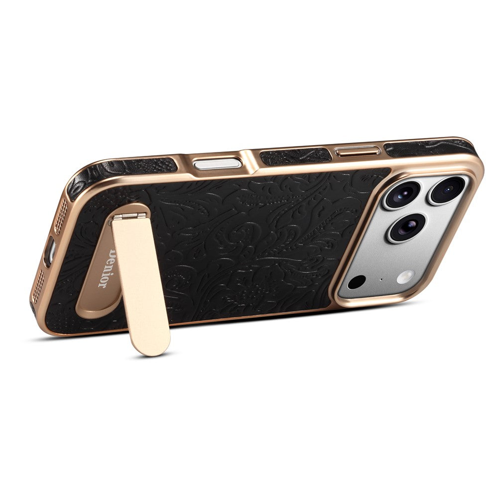 DENIOR A25 For iPhone 17 Pro Case Compatible with MagSafe Kickstand Electroplating Genuine Cow Leather Back Phone Cover