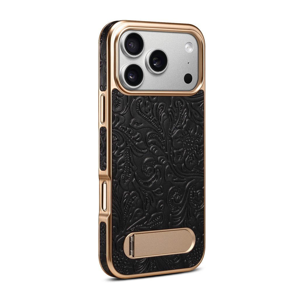 DENIOR A25 For iPhone 17 Pro Case Compatible with MagSafe Kickstand Electroplating Genuine Cow Leather Back Phone Cover