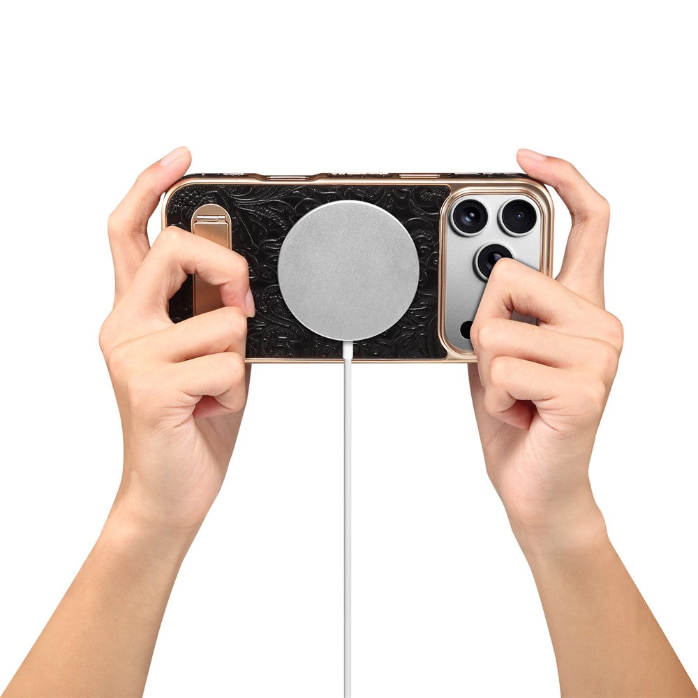 DENIOR A25 For iPhone 17 Pro Case Compatible with MagSafe Kickstand Electroplating Genuine Cow Leather Back Phone Cover