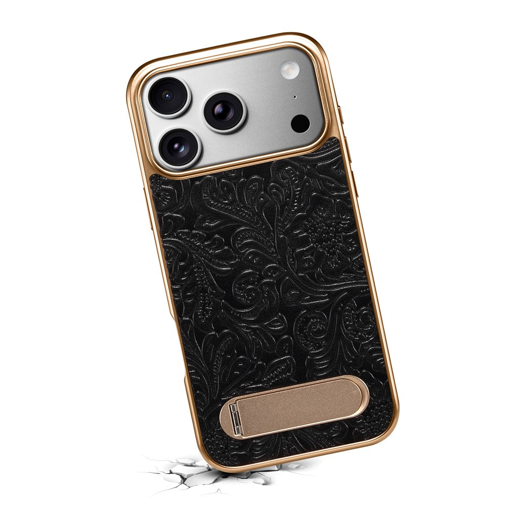 DENIOR A25 For iPhone 17 Pro Case Compatible with MagSafe Kickstand Electroplating Genuine Cow Leather Back Phone Cover