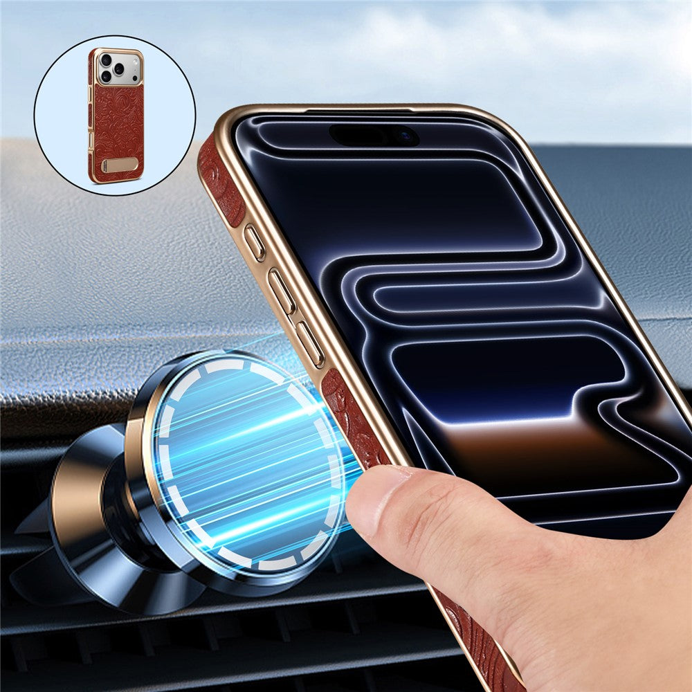 DENIOR A25 For iPhone 17 Pro Max Case Compatible with MagSafe Kickstand Electroplating Genuine Cow Leather Back Phone Cover