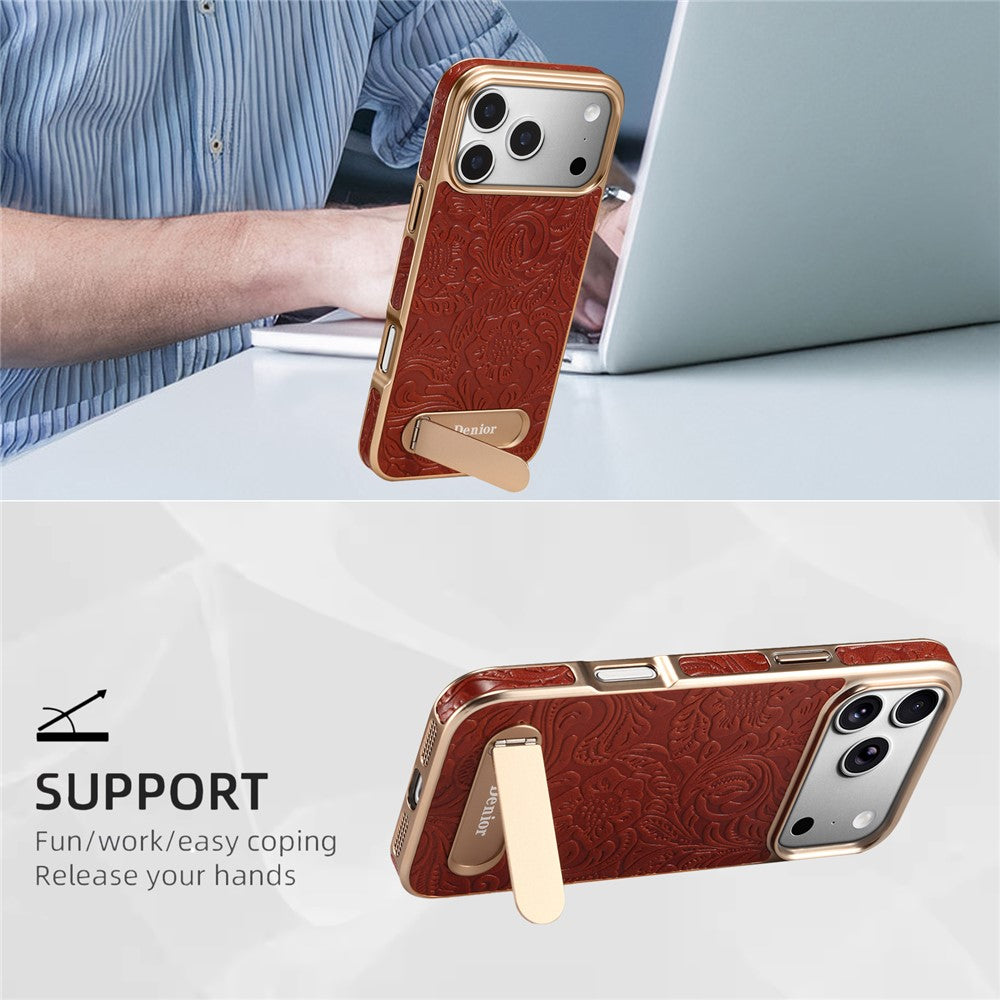 DENIOR A25 For iPhone 17 Pro Max Case Compatible with MagSafe Kickstand Electroplating Genuine Cow Leather Back Phone Cover
