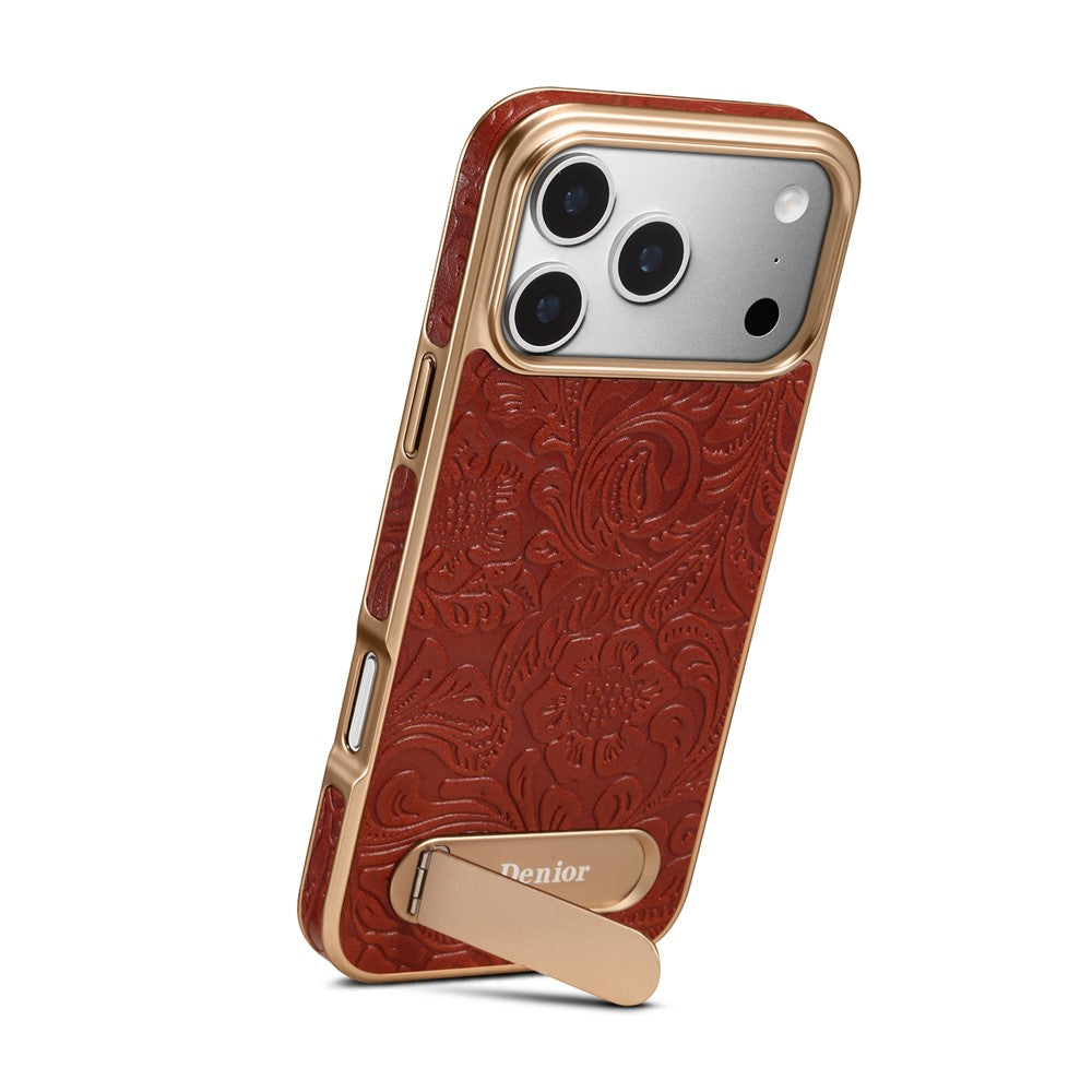 DENIOR A25 For iPhone 17 Pro Max Case Compatible with MagSafe Kickstand Electroplating Genuine Cow Leather Back Phone Cover