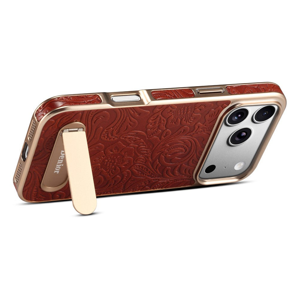 DENIOR A25 For iPhone 17 Pro Max Case Compatible with MagSafe Kickstand Electroplating Genuine Cow Leather Back Phone Cover