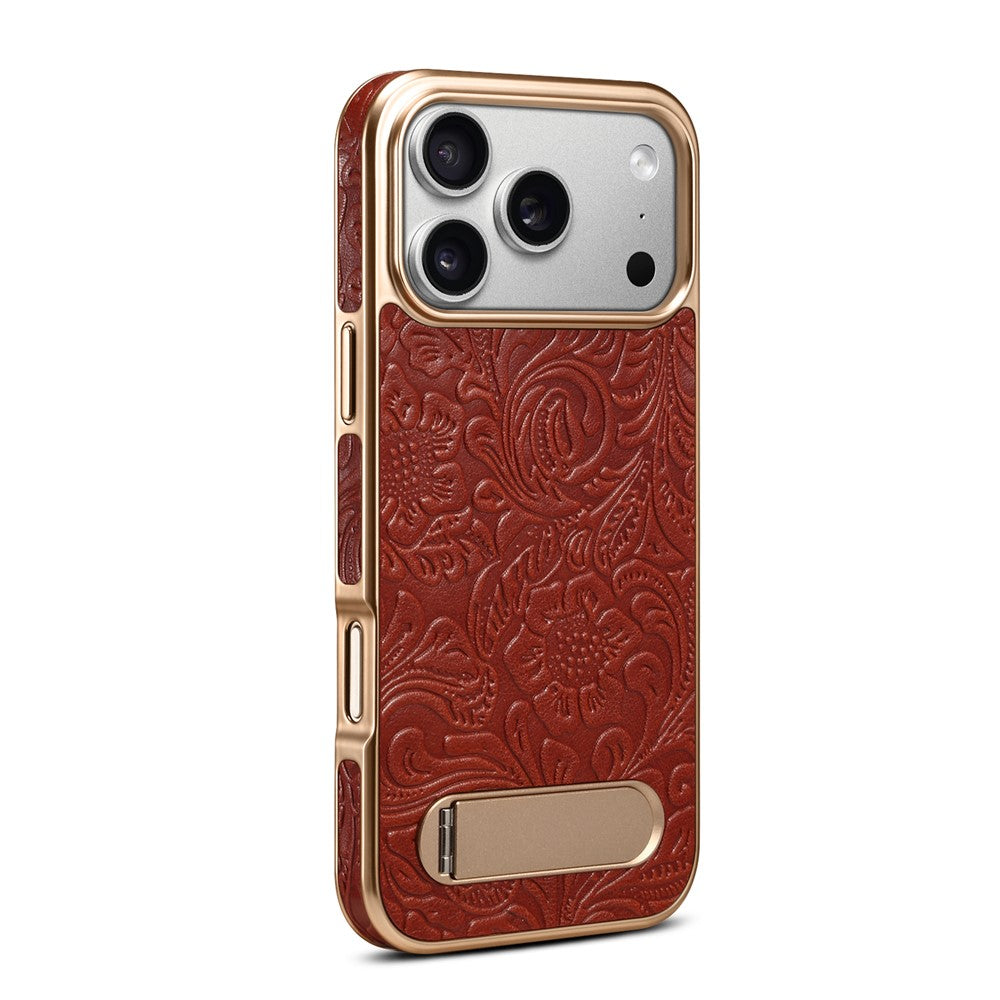 DENIOR A25 For iPhone 17 Pro Max Case Compatible with MagSafe Kickstand Electroplating Genuine Cow Leather Back Phone Cover
