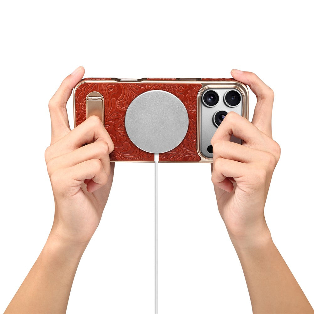 DENIOR A25 For iPhone 17 Pro Max Case Compatible with MagSafe Kickstand Electroplating Genuine Cow Leather Back Phone Cover