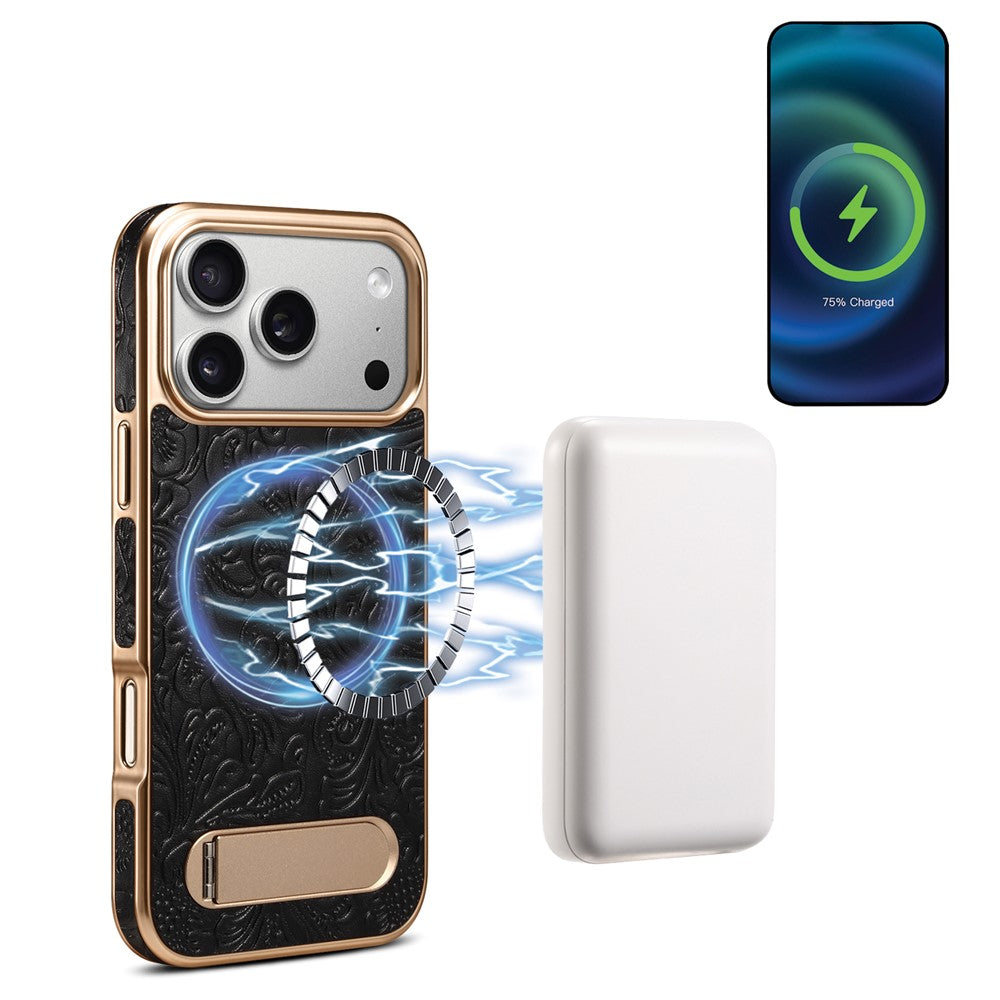 DENIOR A25 For iPhone 17 Pro Max Case Compatible with MagSafe Kickstand Electroplating Genuine Cow Leather Back Phone Cover