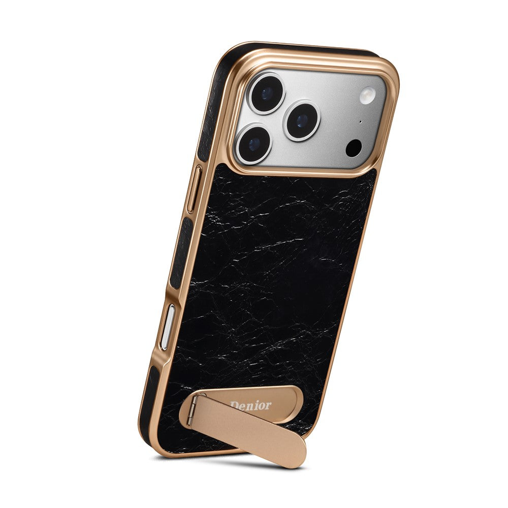 DENIOR A25+1 For iPhone 17 Pro Magnetic Case Kickstand Electroplating Cowhide Texture Genuine Cow Leather Back Phone Cover