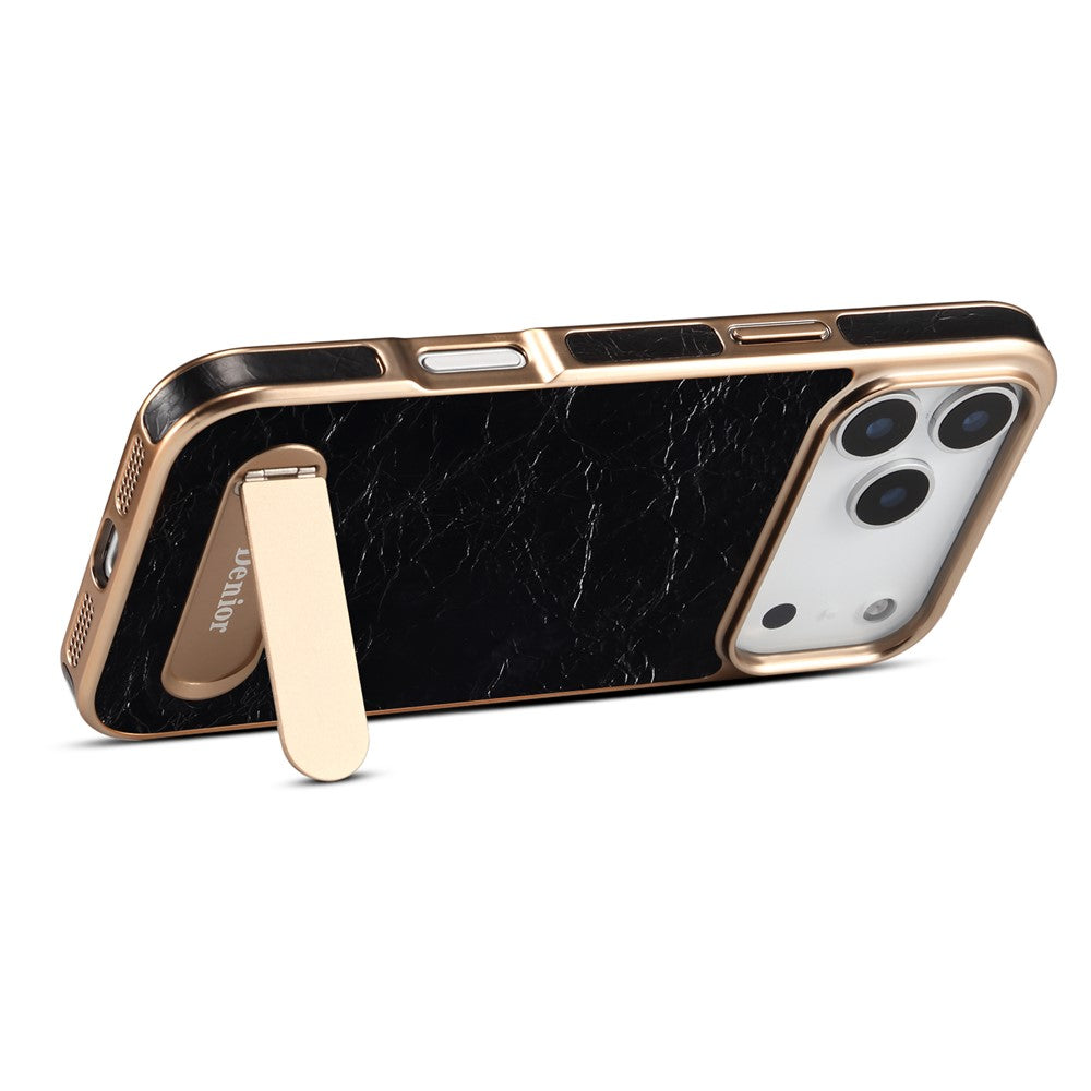 DENIOR A25+1 For iPhone 17 Pro Magnetic Case Kickstand Electroplating Cowhide Texture Genuine Cow Leather Back Phone Cover