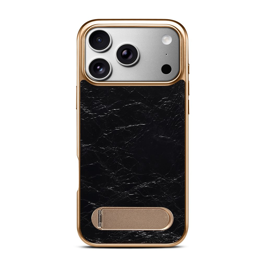 DENIOR A25+1 For iPhone 17 Pro Magnetic Case Kickstand Electroplating Cowhide Texture Genuine Cow Leather Back Phone Cover