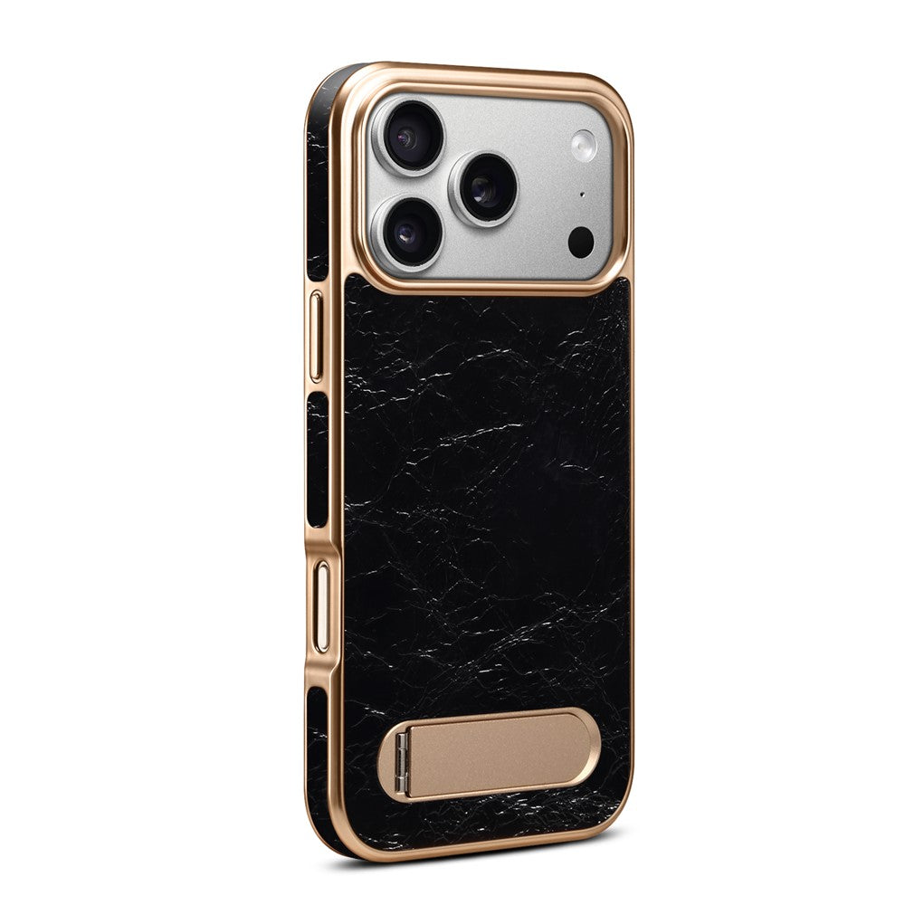 DENIOR A25+1 For iPhone 17 Pro Magnetic Case Kickstand Electroplating Cowhide Texture Genuine Cow Leather Back Phone Cover