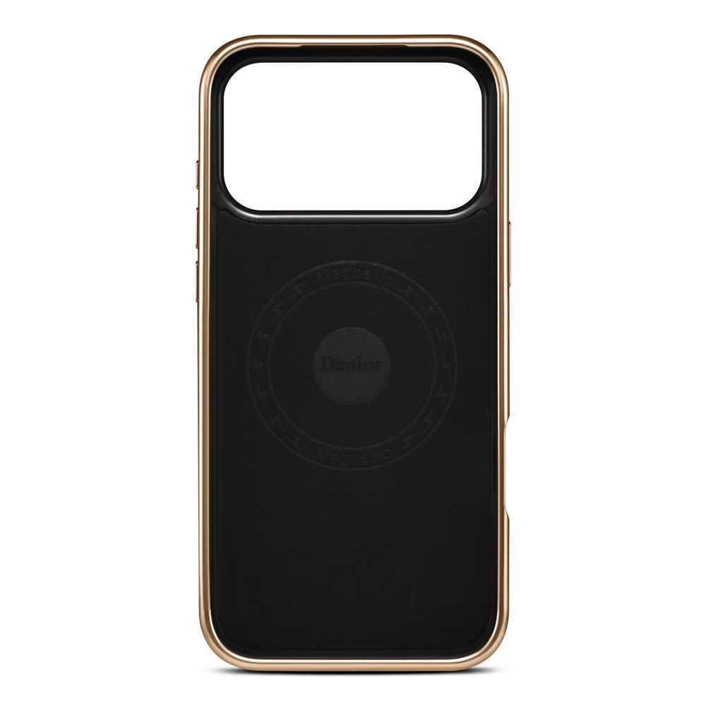 DENIOR A25+1 For iPhone 17 Pro Magnetic Case Kickstand Electroplating Cowhide Texture Genuine Cow Leather Back Phone Cover