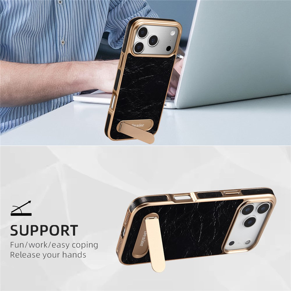 DENIOR A25+1 For iPhone 17 Pro Magnetic Case Kickstand Electroplating Cowhide Texture Genuine Cow Leather Back Phone Cover