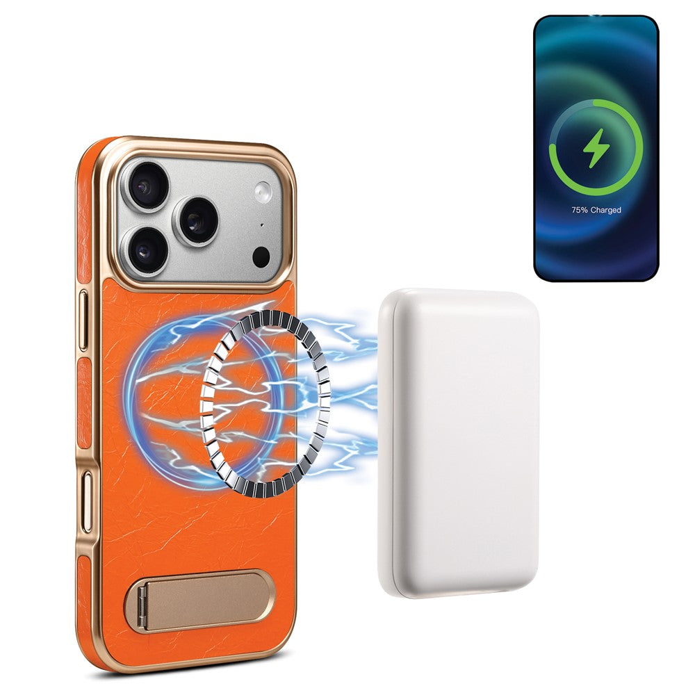 DENIOR A25+1 For iPhone 17 Pro Magnetic Case Kickstand Electroplating Cowhide Texture Genuine Cow Leather Back Phone Cover