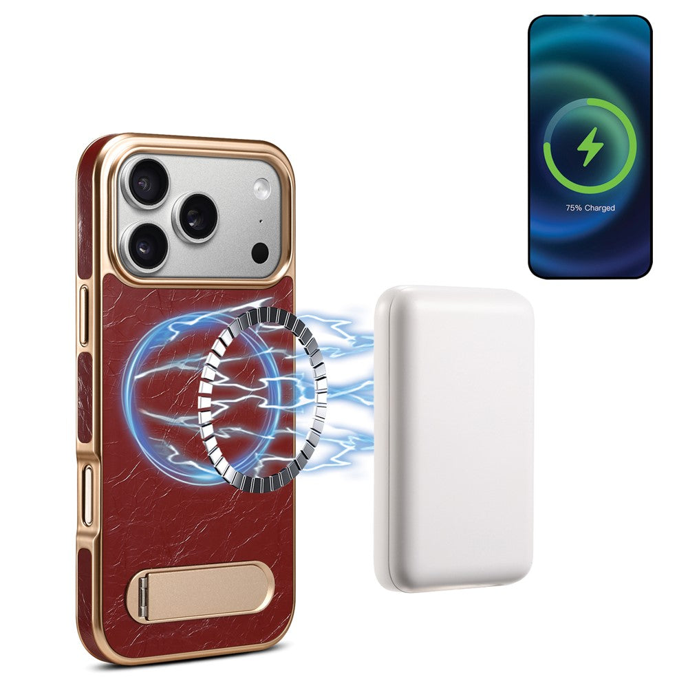 DENIOR A25+1 For iPhone 17 Pro Magnetic Case Kickstand Electroplating Cowhide Texture Genuine Cow Leather Back Phone Cover