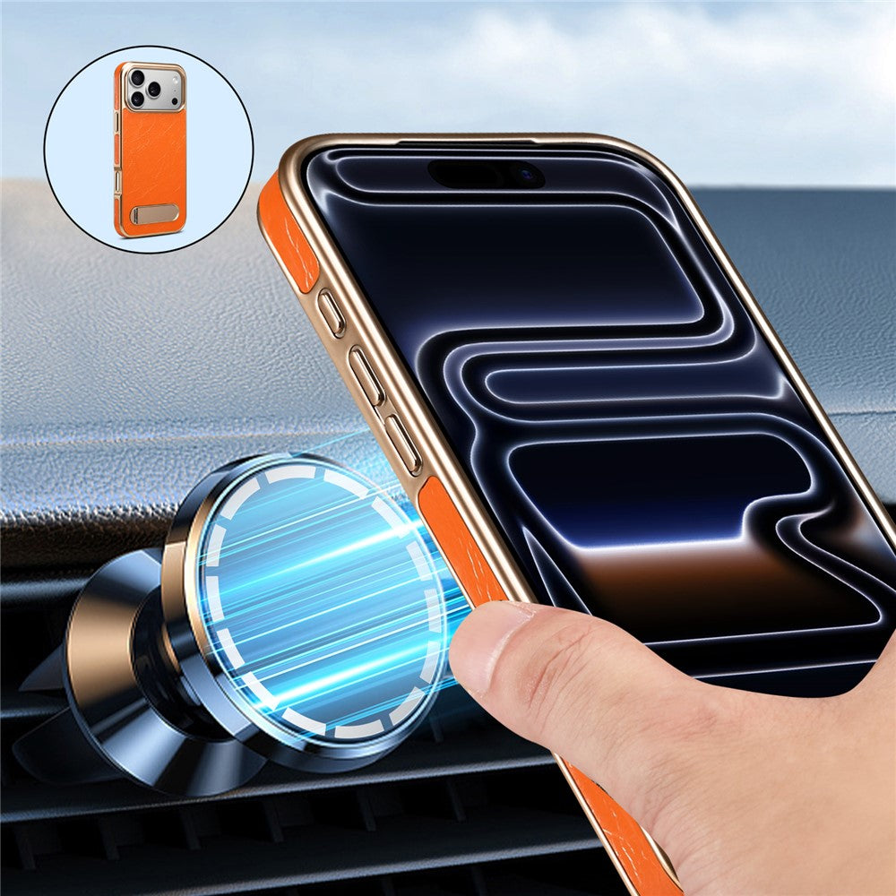 DENIOR A25+1 For iPhone 17 Pro Max Magnetic Case Kickstand Electroplating Cowhide Texture Genuine Cow Leather Back Phone Cover