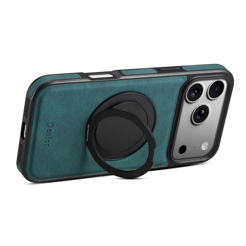 DENIOR A14 For iPhone 17 Pro Magnetic Case Rotary Kickstand Leather PC TPU Phone Cover