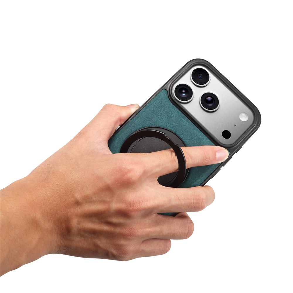 DENIOR A14 For iPhone 17 Pro Magnetic Case Rotary Kickstand Leather PC TPU Phone Cover