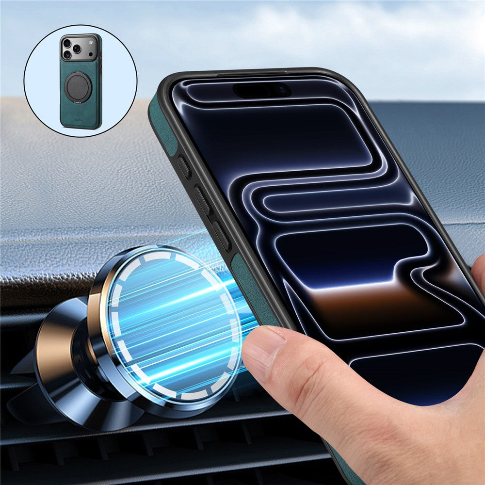 DENIOR A14 For iPhone 17 Pro Magnetic Case Rotary Kickstand Leather PC TPU Phone Cover