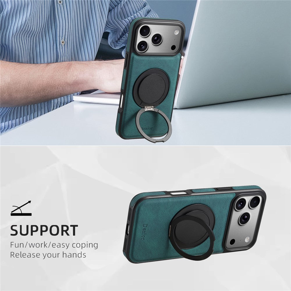 DENIOR A14 For iPhone 17 Pro Magnetic Case Rotary Kickstand Leather PC TPU Phone Cover
