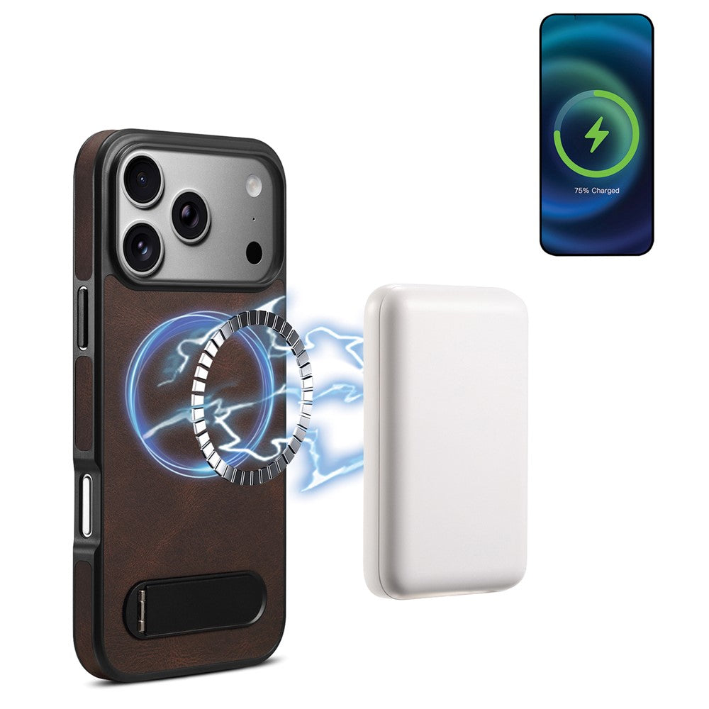 DENIOR A25+2 For iPhone 17 Pro Case Compatible with MagSafe Kickstand Skin Touch Leather PC TPU Phone Cover