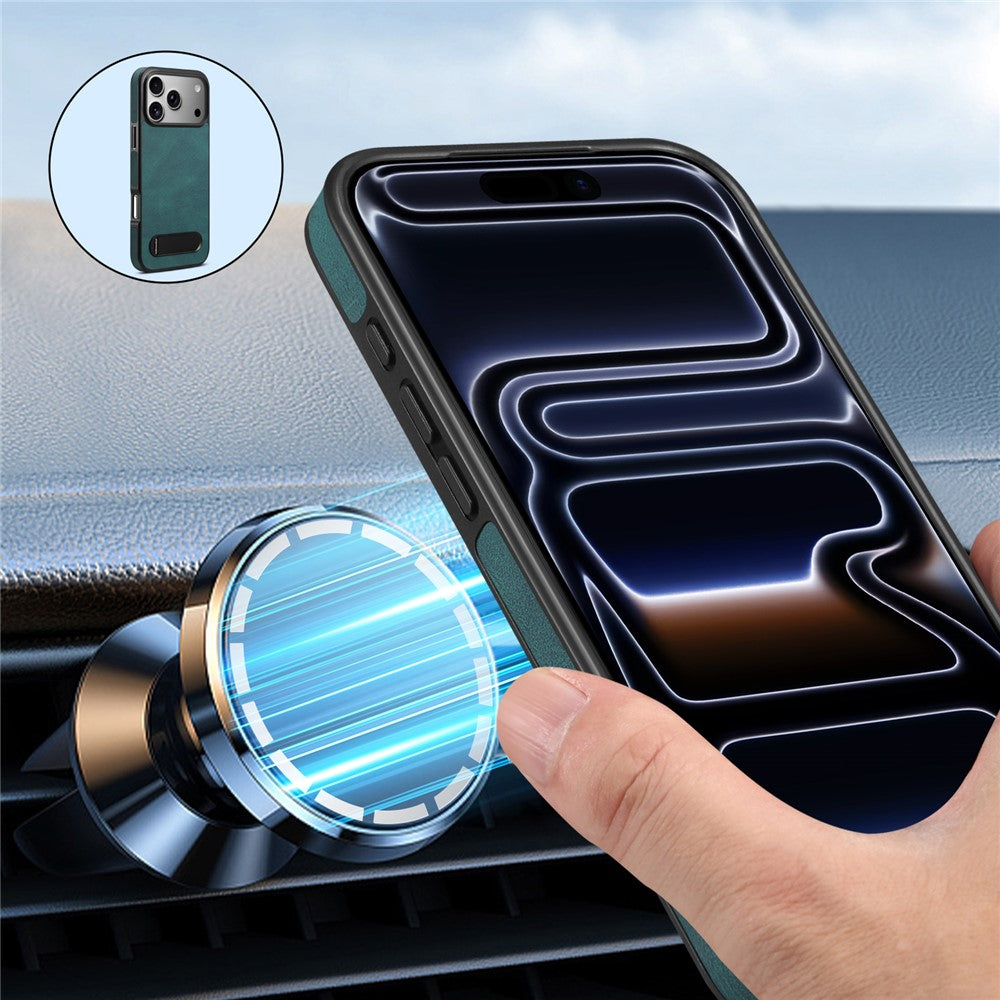 DENIOR A25+2 For iPhone 17 Pro Max Case Compatible with MagSafe Kickstand Skin Touch Leather PC TPU Phone Cover