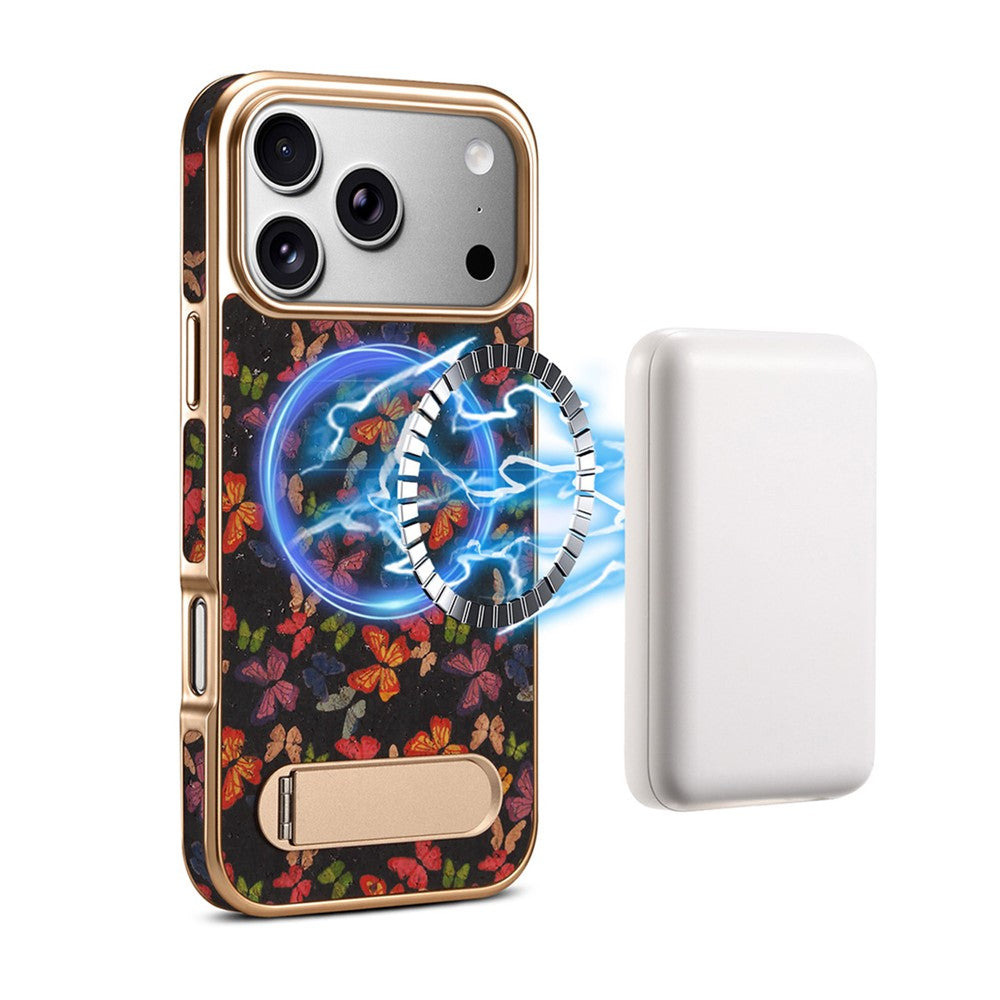 DENIOR A25+4 For iPhone 17 Pro Case Compatible with MagSafe Butterfly PU Leather PC TPU Kickstand Phone Cover