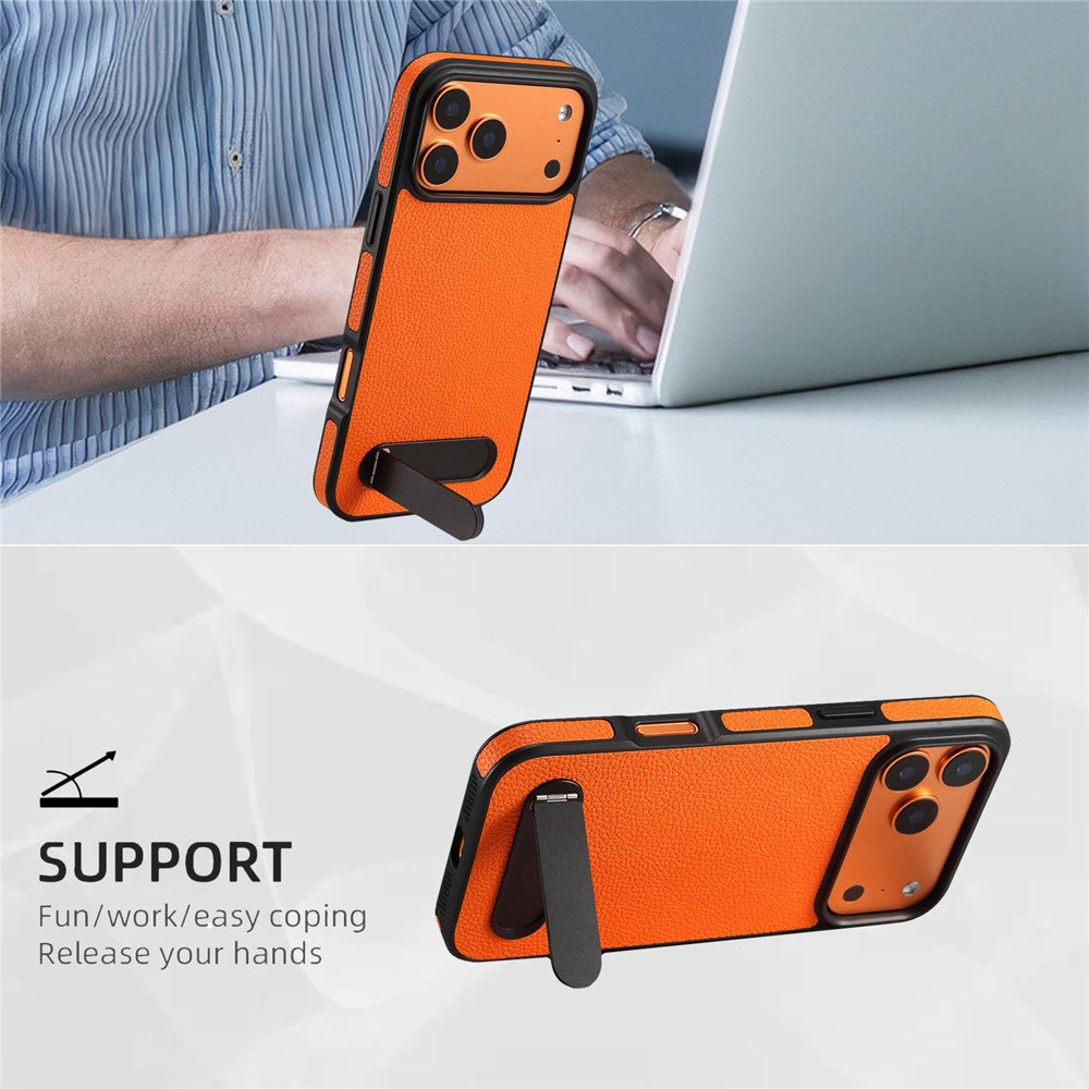 DENIOR A25+3 For iPhone 17 Pro Case Compatible with MagSafe Litchi Texture Leather PC TPU Kickstand Phone Cover