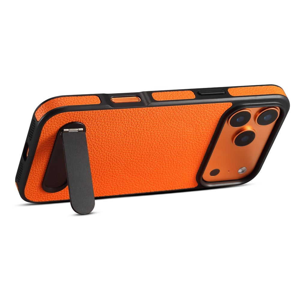 DENIOR A25+3 For iPhone 17 Pro Case Compatible with MagSafe Litchi Texture Leather PC TPU Kickstand Phone Cover