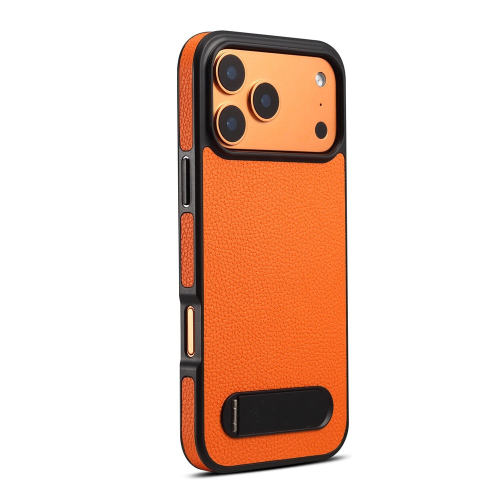 DENIOR A25+3 For iPhone 17 Pro Case Compatible with MagSafe Litchi Texture Leather PC TPU Kickstand Phone Cover