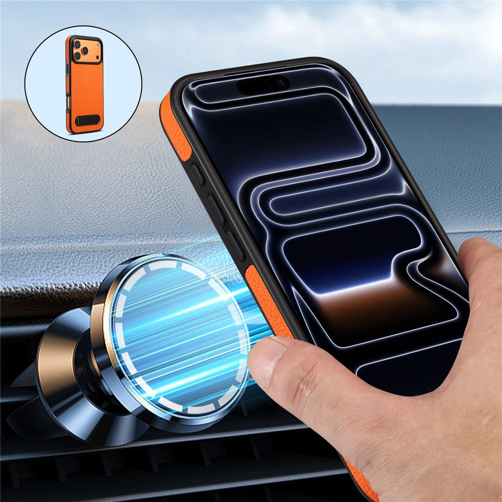 DENIOR A25+3 For iPhone 17 Pro Case Compatible with MagSafe Litchi Texture Leather PC TPU Kickstand Phone Cover