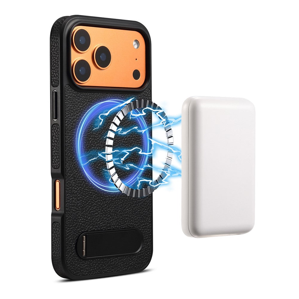 DENIOR A25+3 For iPhone 17 Pro Case Compatible with MagSafe Litchi Texture Leather PC TPU Kickstand Phone Cover