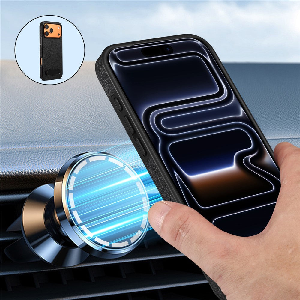 DENIOR A25+3 For iPhone 17 Pro Max Case Compatible with MagSafe Litchi Texture Leather PC TPU Kickstand Phone Cover