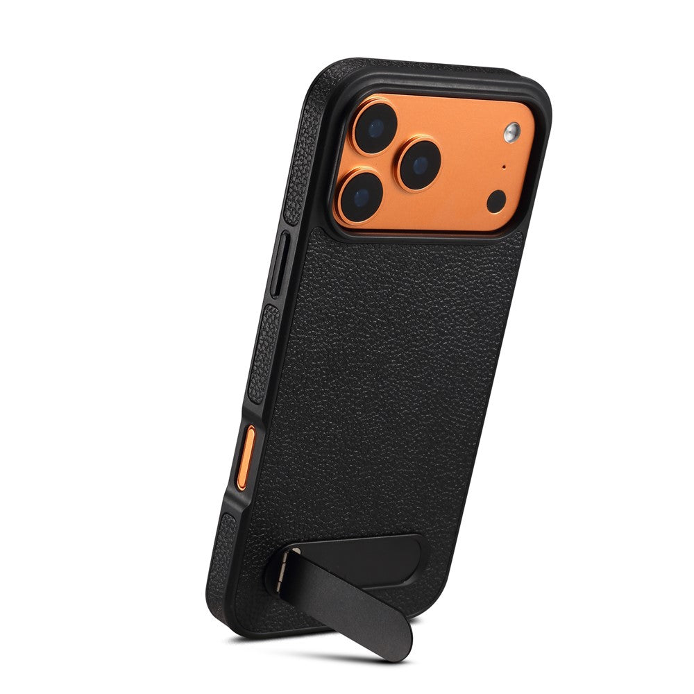 DENIOR A25+3 For iPhone 17 Pro Max Case Compatible with MagSafe Litchi Texture Leather PC TPU Kickstand Phone Cover