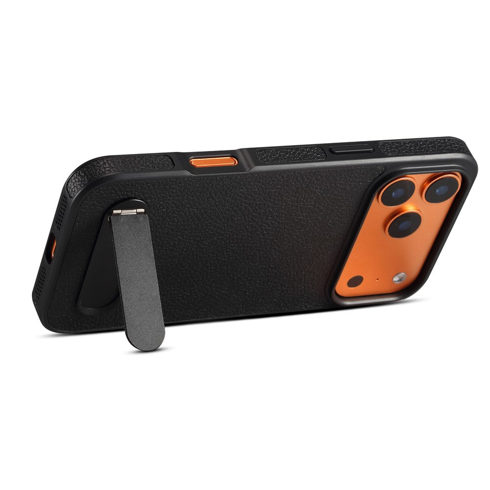 DENIOR A25+3 For iPhone 17 Pro Max Case Compatible with MagSafe Litchi Texture Leather PC TPU Kickstand Phone Cover