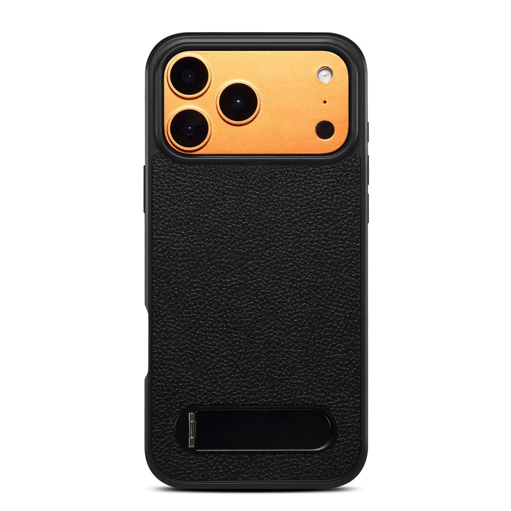 DENIOR A25+3 For iPhone 17 Pro Max Case Compatible with MagSafe Litchi Texture Leather PC TPU Kickstand Phone Cover