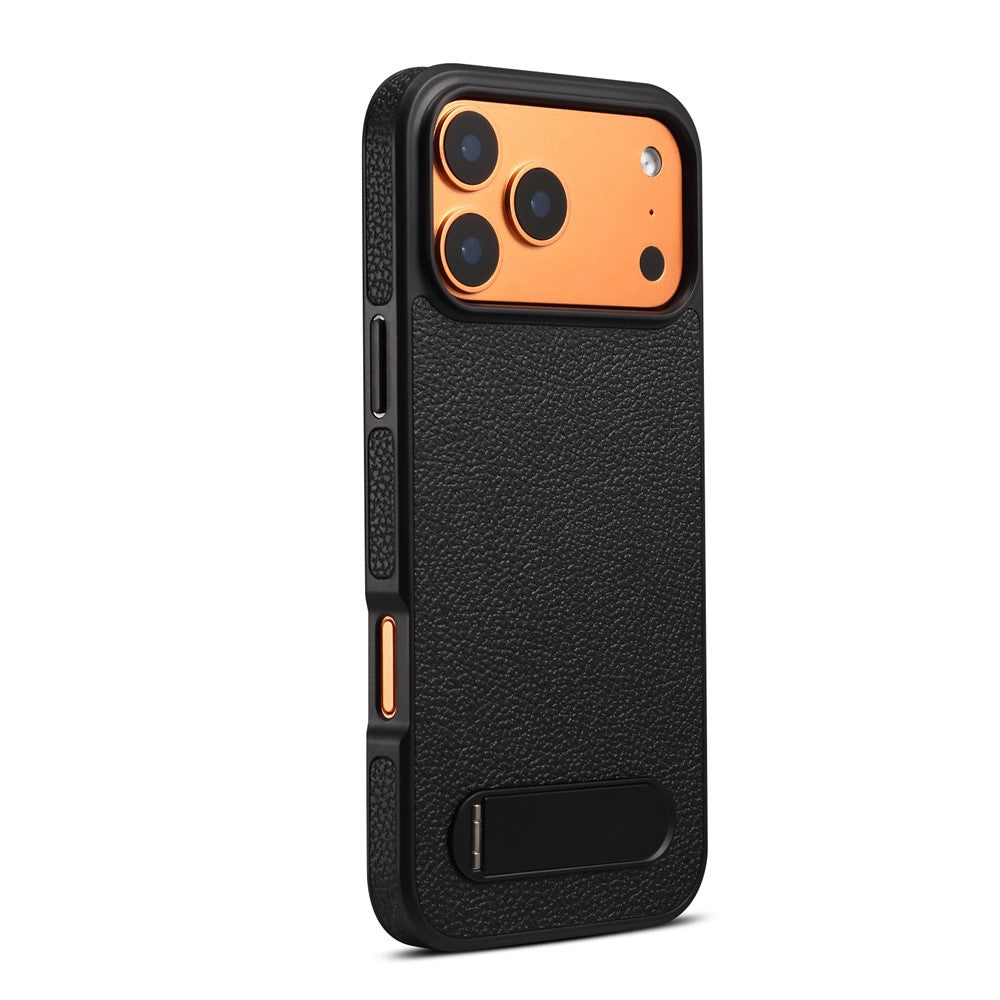 DENIOR A25+3 For iPhone 17 Pro Max Case Compatible with MagSafe Litchi Texture Leather PC TPU Kickstand Phone Cover