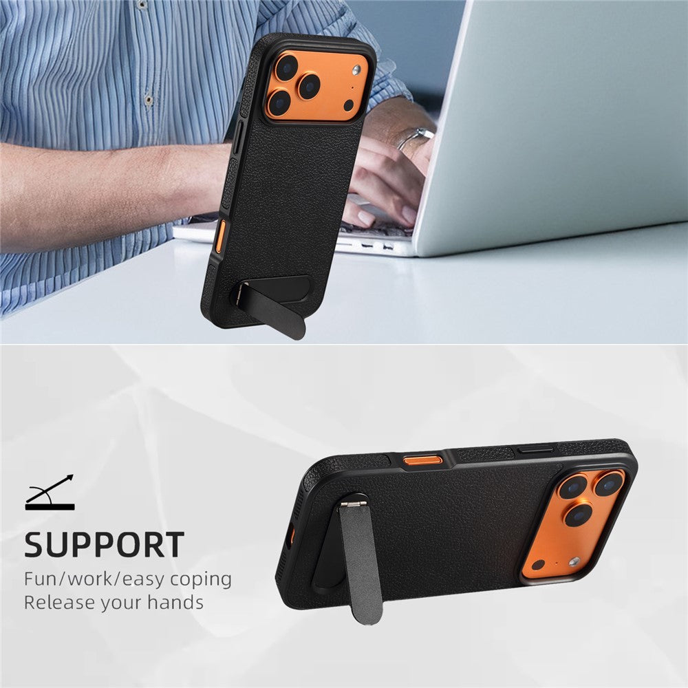 DENIOR A25+3 For iPhone 17 Pro Max Case Compatible with MagSafe Litchi Texture Leather PC TPU Kickstand Phone Cover