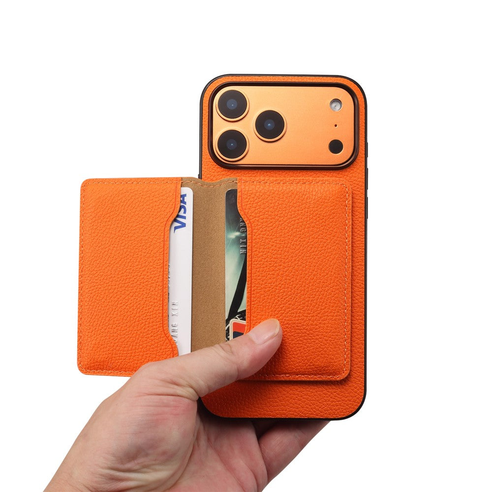 DENIOR D30 For iPhone 17 Pro Case Compatible with MagSafe Detachable Card Holder Kickstand Litchi Texture Leather Back Phone Cover