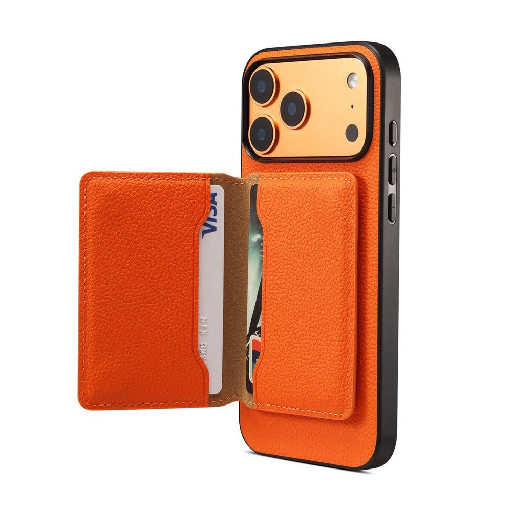 DENIOR D30 For iPhone 17 Pro Max Case Compatible with MagSafe Detachable Card Holder Kickstand Litchi Texture Leather Back Phone Cover