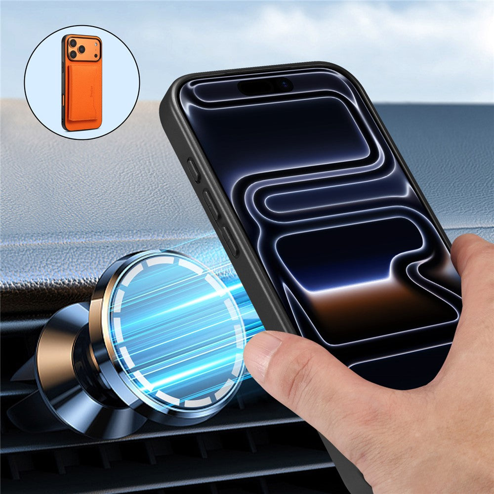 DENIOR D30 For iPhone 17 Pro Max Case Compatible with MagSafe Detachable Card Holder Kickstand Litchi Texture Leather Back Phone Cover