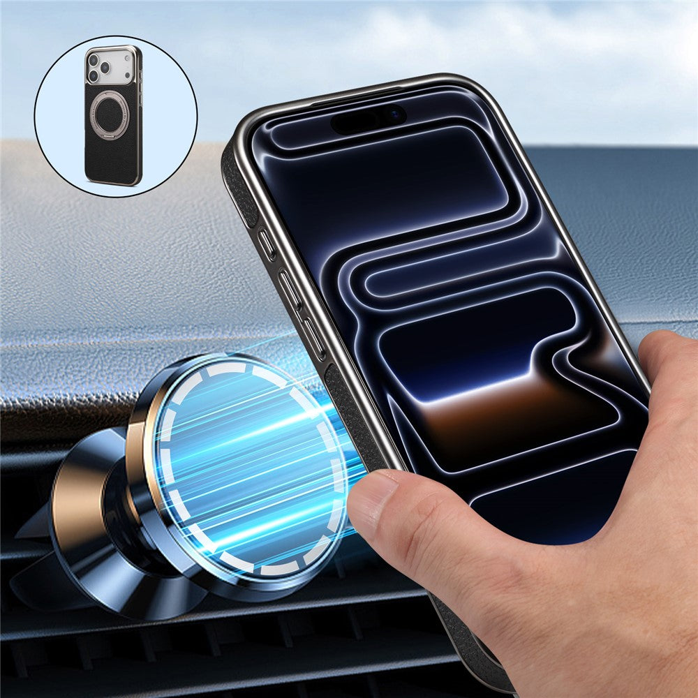 DENIOR A23+2 For iPhone 17 Pro Case Compatible with MagSafe Rotary Kickstand Leather Back Phone Cover