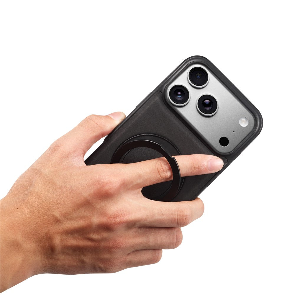 DENIOR A14 For iPhone 17 Pro Max Magnetic Case Rotary Kickstand Leather PC TPU Phone Cover