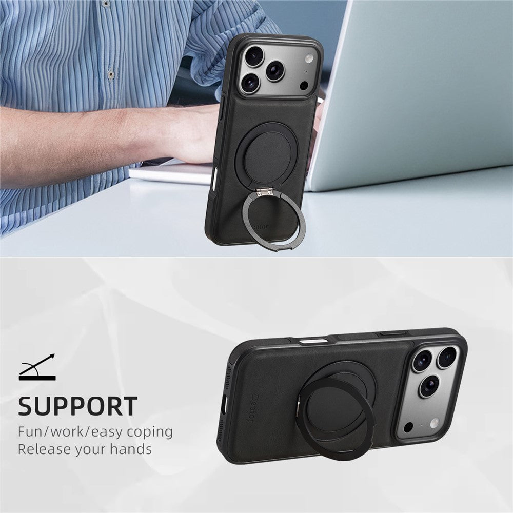 DENIOR A14 For iPhone 17 Pro Max Magnetic Case Rotary Kickstand Leather PC TPU Phone Cover