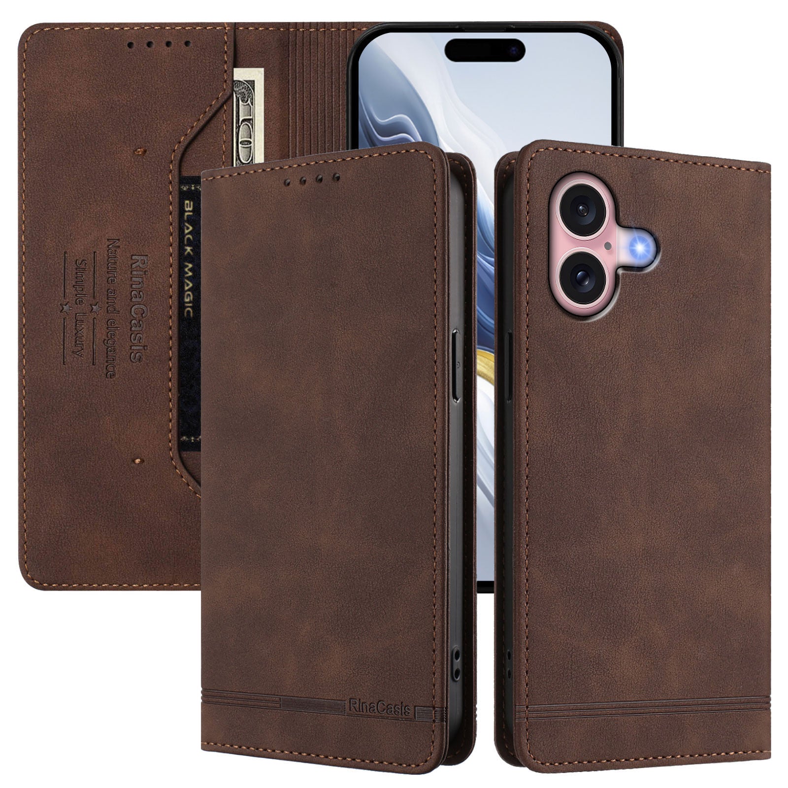 For iPhone 16 Case RINACASIS RC23 RFID Blocking Wallet Stand PU Leather Phone Cover