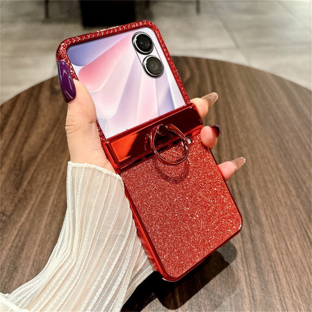 For Honor Magic V Flip 2 Case Shiny Glitter Ring Holder PC Phone Cover with Tempered Glass Rear Screen Film
