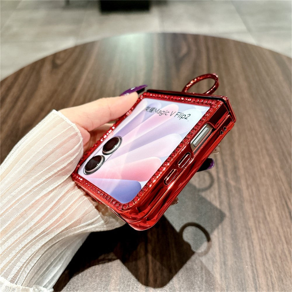 For Honor Magic V Flip 2 Case Shiny Glitter Ring Holder PC Phone Cover with Tempered Glass Rear Screen Film